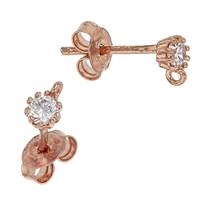 Rose Gold Vermeil 3mm With Ring Cubic Zirconia Stud Earring With Ring