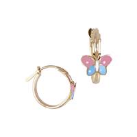14K Snap hoop Earring With Pink/Blue Enamel Butterfly