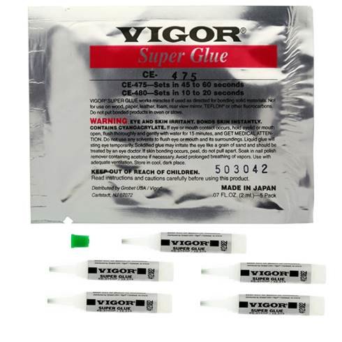 5 pieces per pack vigor super glue (great for bead stringing) 10 to 20 seconds bonds 0.07 fluid ounces