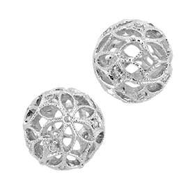 rhodium sterling silver 10mm rhodium plated cubic zirconia filigree round bead