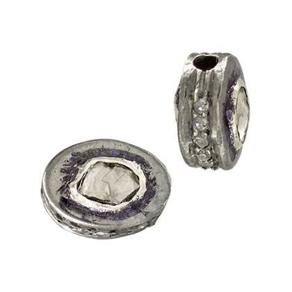 rhodium sterling silver 9x7mm diamond roundel bead