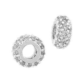 9x4.5mm rhodium plated white cubic zironia roundel bead