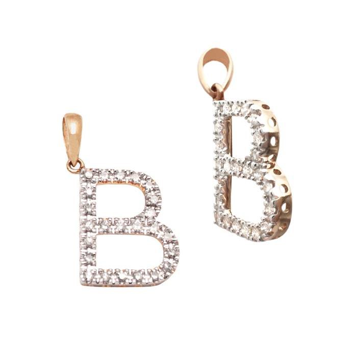 14kr 14mm 21pts 24pcs. dia. diamond block style large diamond letter b charm
