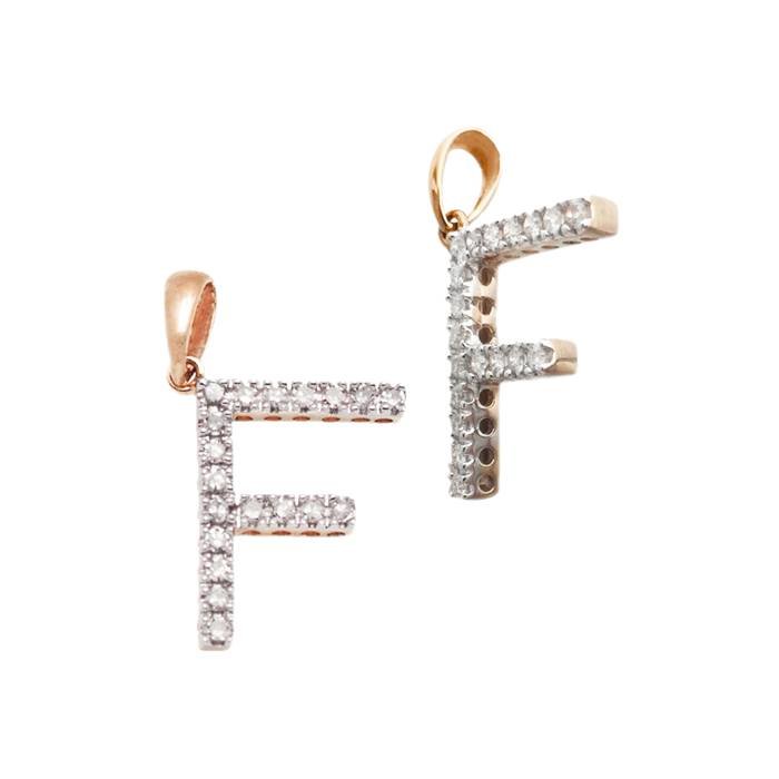 14kr 14mm 15pts 19pcs. dia. diamond block style large diamond letter f charm