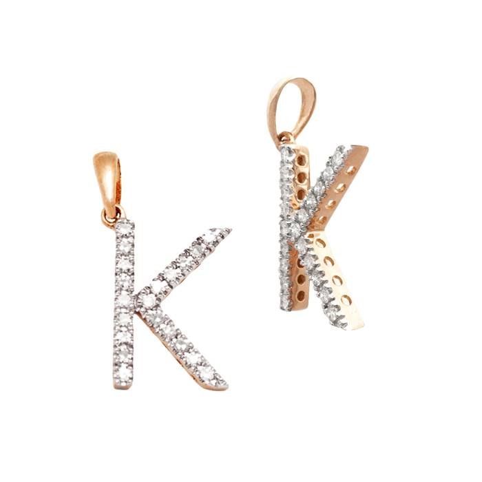 14kr 13.5mm 14pts 20pcs. dia. diamond block style large diamond letter k charm