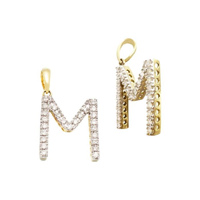 14ky 14mm 21pts 25pcs. dia. diamond block style large diamond letter m charm