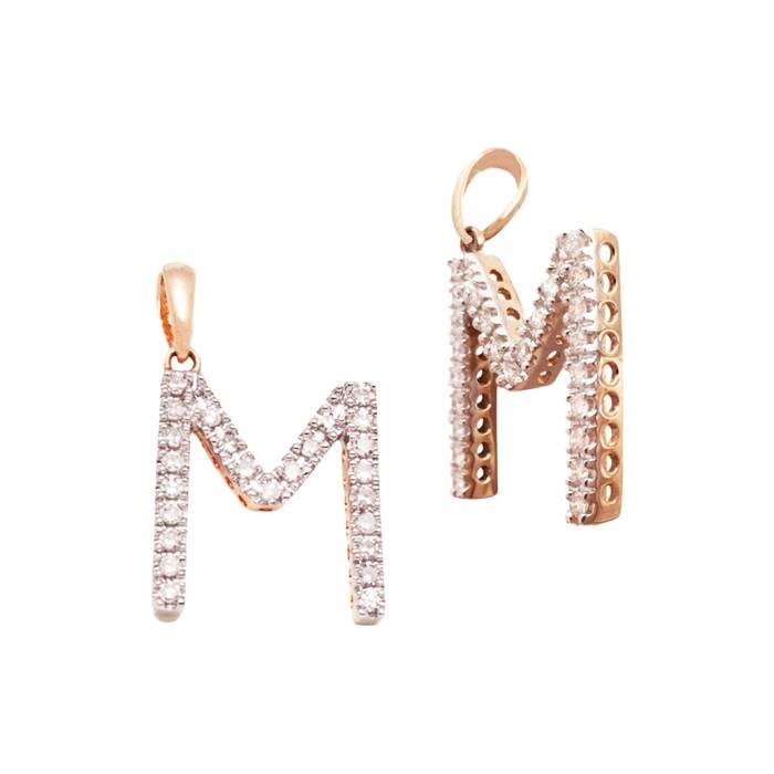 14kr 14mm 21pts 25pcs. dia. diamond block style large diamond letter m charm