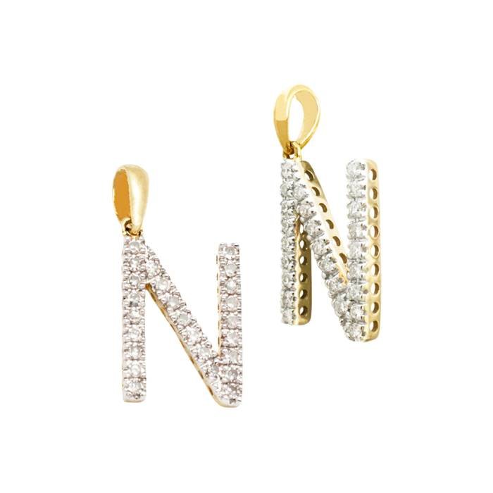14ky 14mm 21pts 25pcs. dia. diamond block style large diamond letter n charm