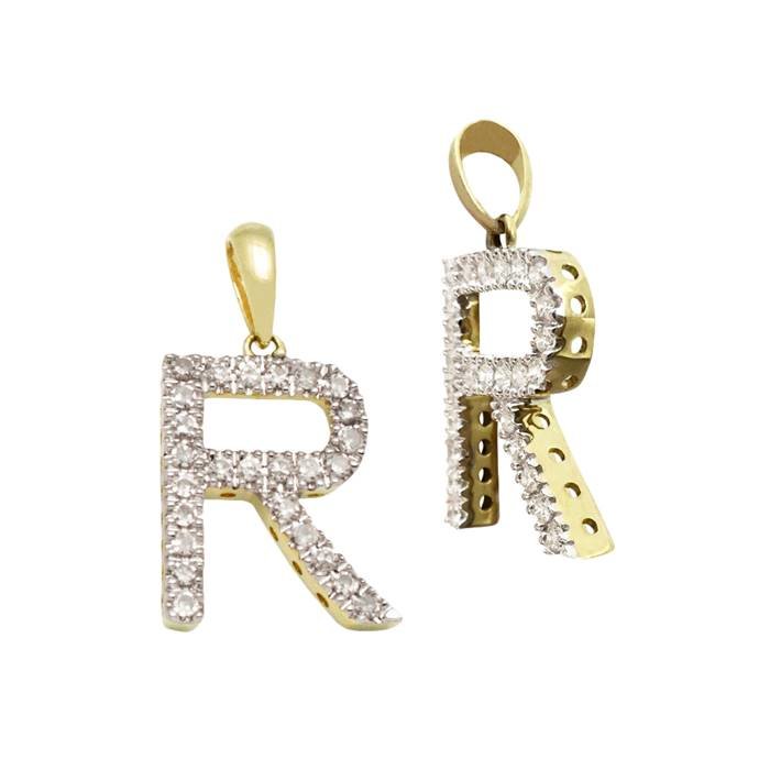 14ky 14mm 22pts 26pcs. dia. diamond block style large diamond letter r charm