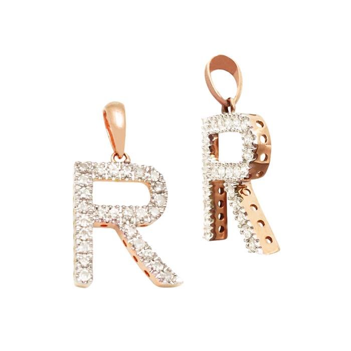 14kr 14mm 22pts 26pcs. dia. diamond block style large diamond letter r charm