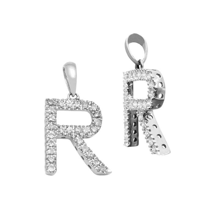 14kw 14mm 22pts 26pcs. dia. diamond block style large diamond letter r charm