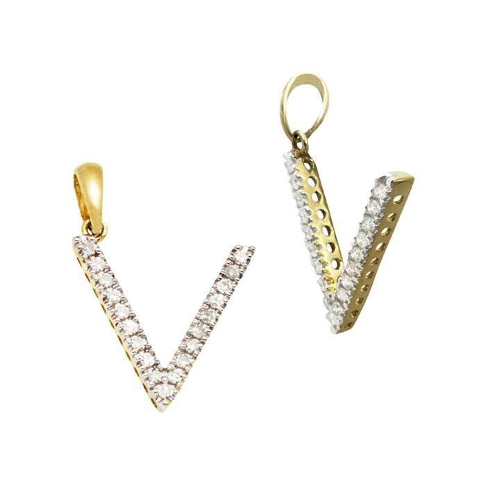 14ky 14mm 13pts 19pcs. dia. diamond block style large diamond letter v charm