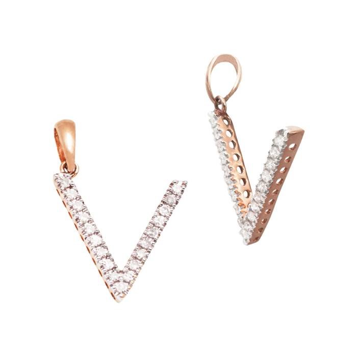 14kr 14mm 13pts 19pcs. dia. diamond block style large diamond letter v charm