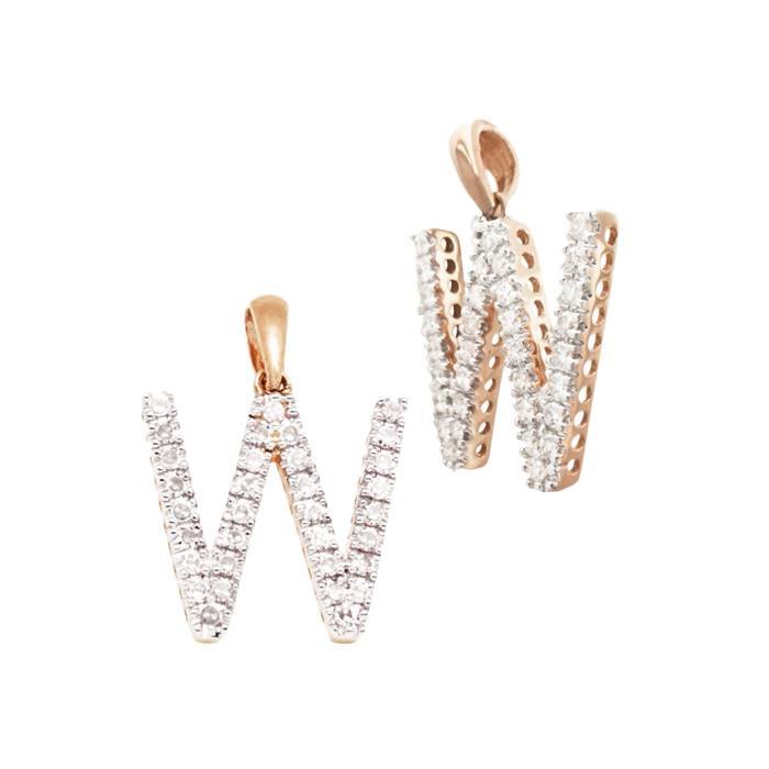 14kr 13.5mm 23pts 33pcs. dia diamond block style large diamond letter w charm
