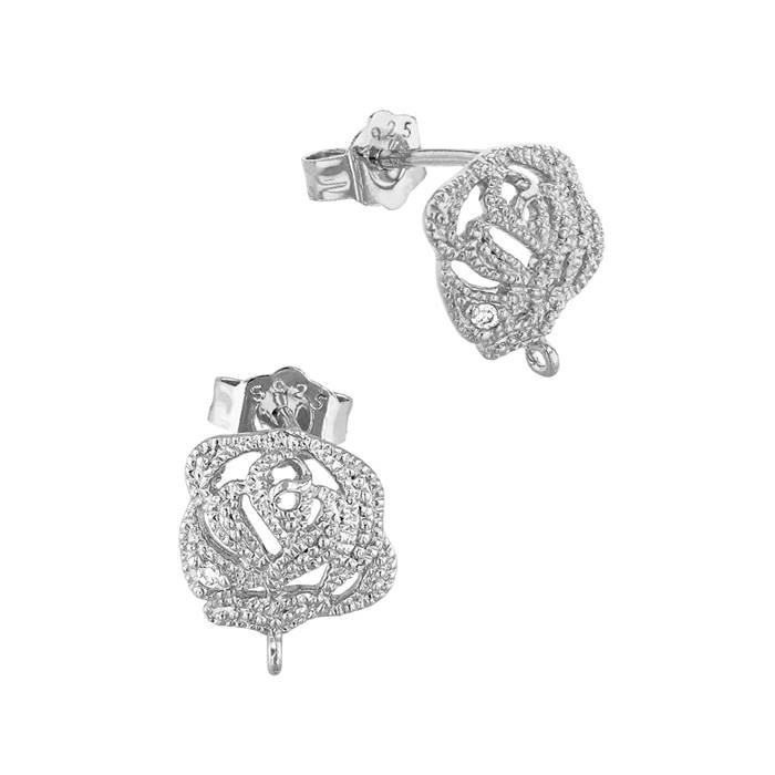 rhodium sterling silver rhodium plated cubic zirconia flower earring