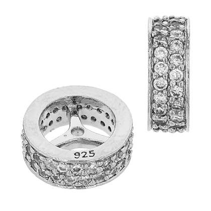 rhodium sterling silver 10x4mm rhodium plated cubic zirconia rondelle bead