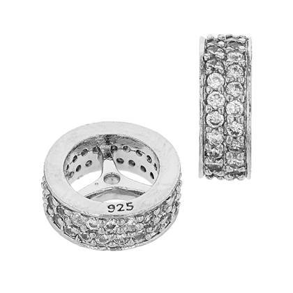 rhodium sterling silver 9x3.5mm rhodium plated cubic zirconia rondelle bead