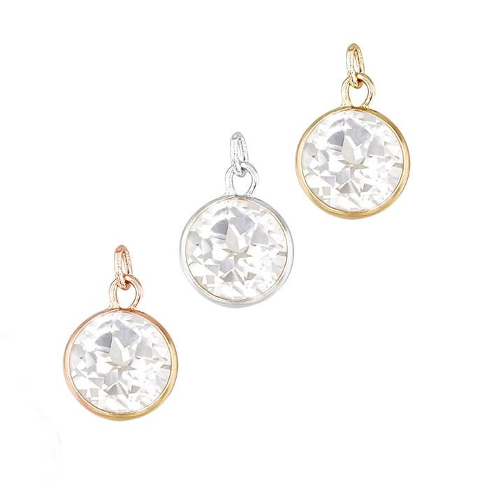 14K White Topaz Round Bezel Set Charm February Birthstone