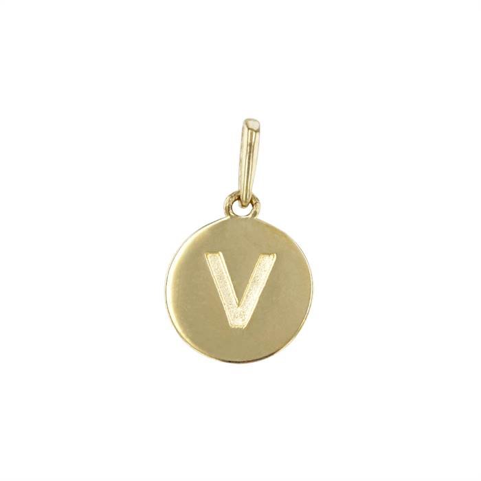 14ky 9mm letter v round disc letter charm