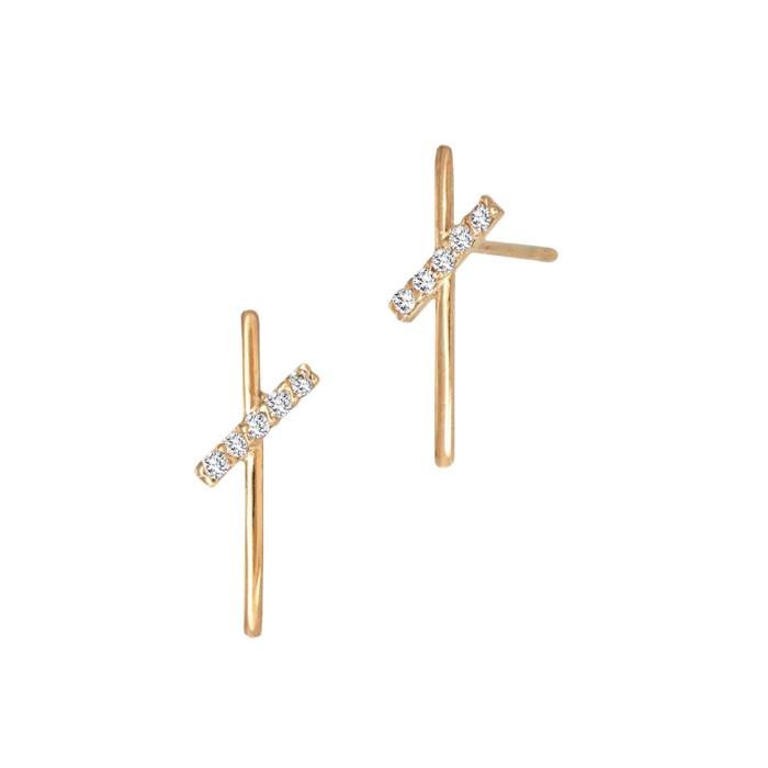 14kr 5dia .026ct 13x5mm diamond criss cross double bar stud earring (left side)