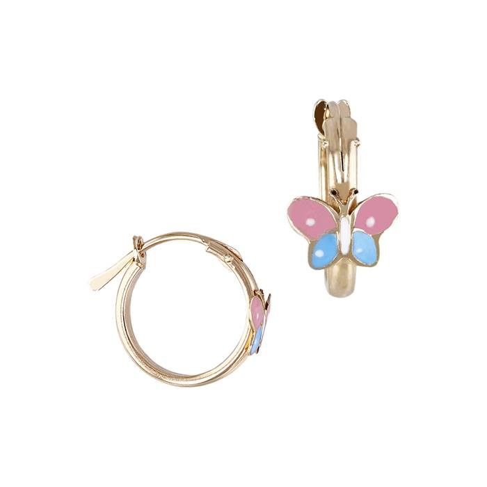 14ky 12mm snap hoop earring with pink/blue butterfly enamel