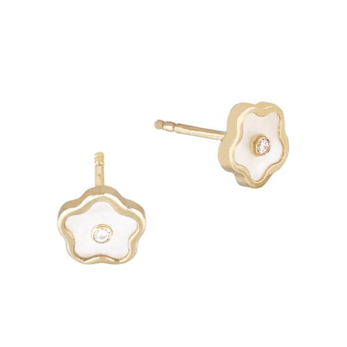 14ky 6.4mm cubic zirconia mother of pearl flower stud earring
