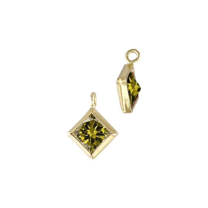 gf 3mm peridot cubic zirconia diamond shape bezel set charm with perpendicular ring