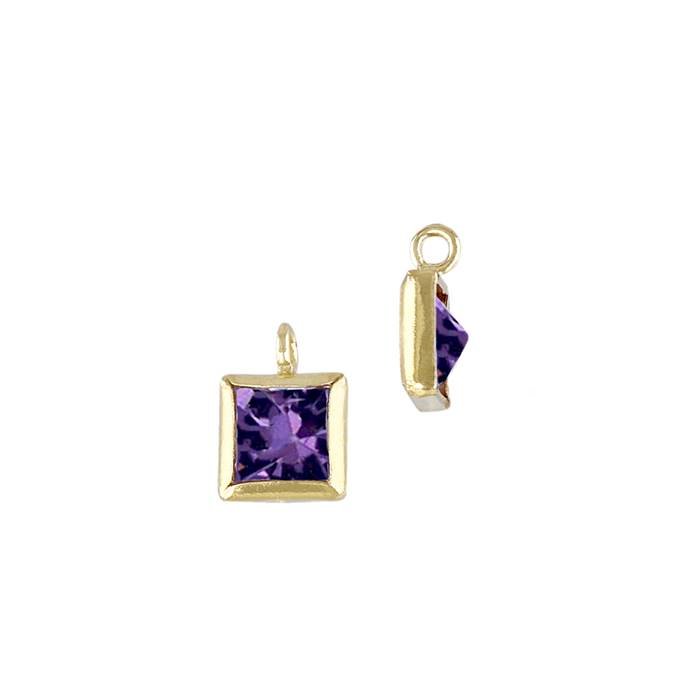 gf 3mm amethyst cubic zirconia square shape bezel set charm with perpendicular ring