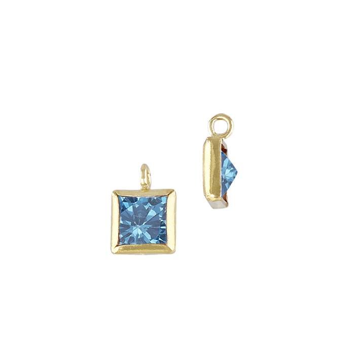 gf 3mm aqua cubic zirconia square shape bezel set charm with perpendicular ring