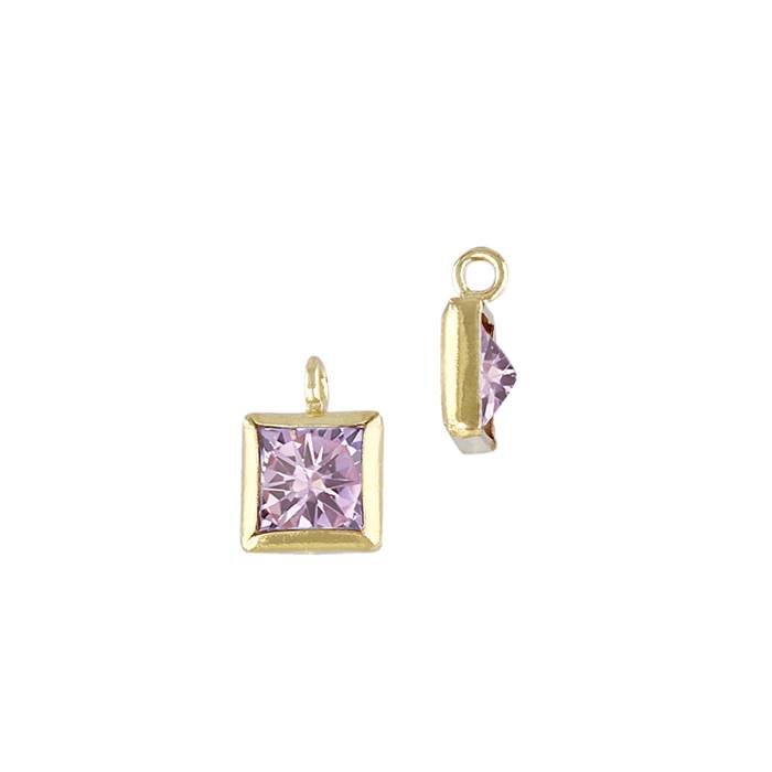 gold filled 3mm pink cubic zirconia square shape bezel set charm with perpendicular ring