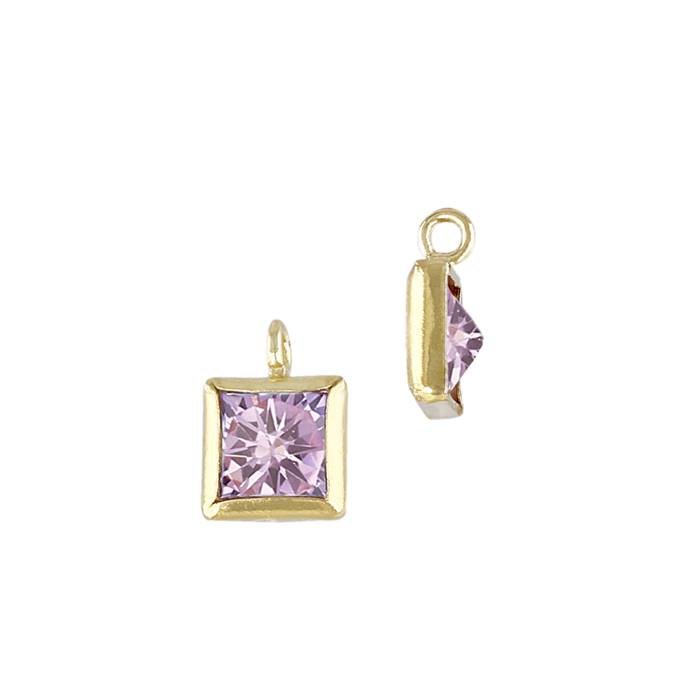 gold filled 4mm pink cubic zirconia square shape bezel set charm with perpendicular ring