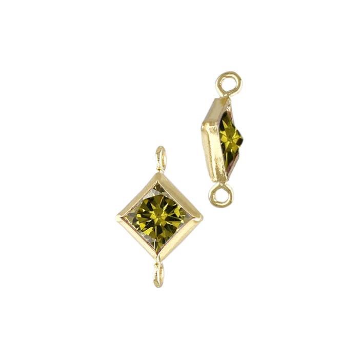gold filled 3mm peridot cubic zirconia diamond shape bezel set connector wiith perpendicular ring