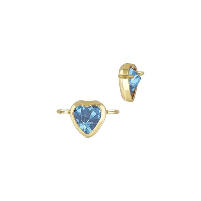 gold filled 3mm aqua cubic ziconia heart shape bezel set connector with horizontal perpendicular ring