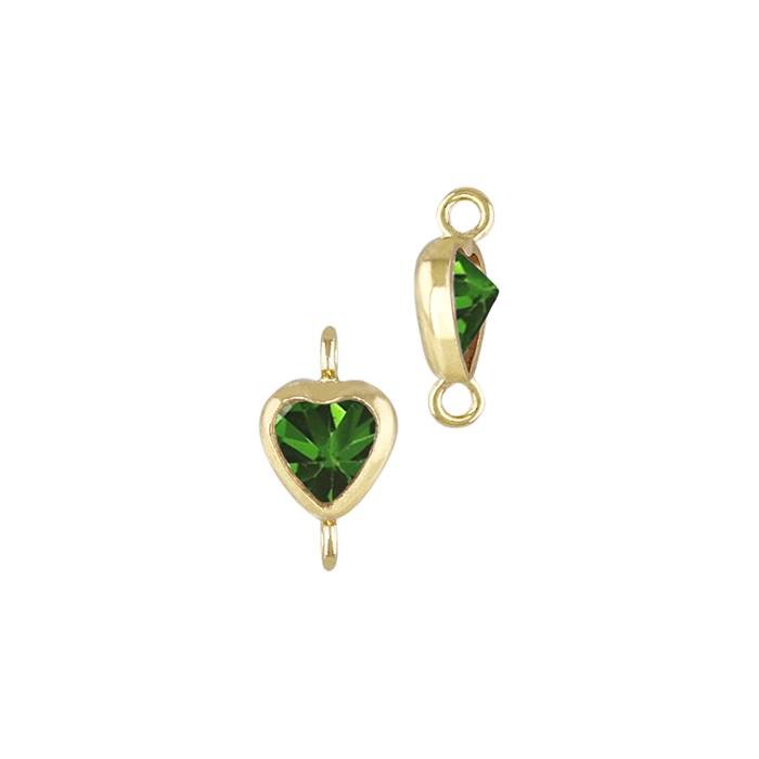 gold filled 3mm emerald cubic zirconia heart shape bezel set connector with verticular perpendicular ring