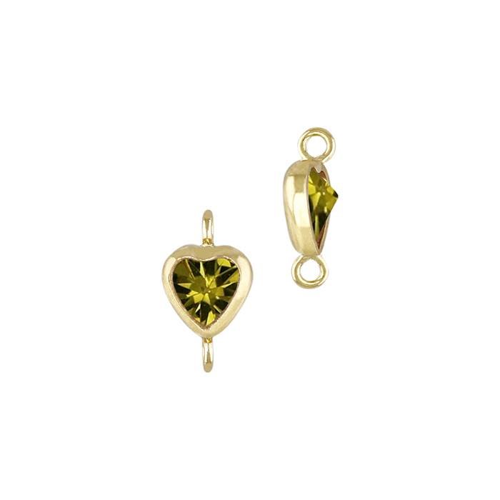 gf 3mm peridot cubic zirconia heart shape bezel set connector with vertical perpendicular ring