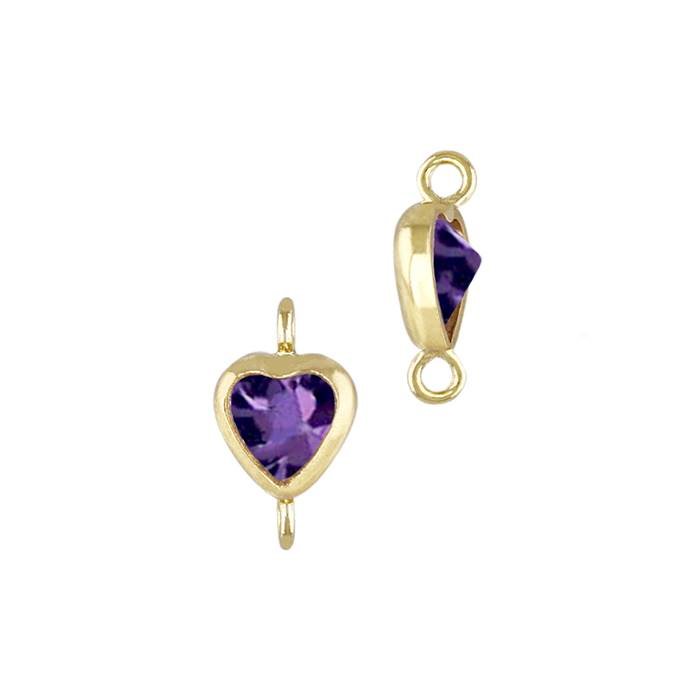 gold filled 4mm amethyst cubic zirconia heart shape bezel set connector with vertical perpendicular ring