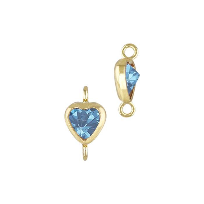 gold filled 4mm aqua cubic zirconia heart shape bezel set connector with vertical perpendicular ring