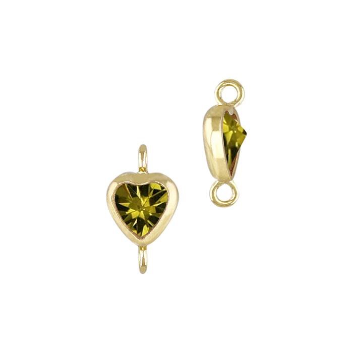 gf 4mm peridot cubic zirconia heart shape bezel set connector with vertical perpendicular ring