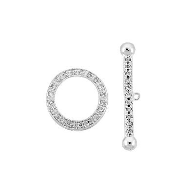 Rhodium Sterling Silver 15mm Rhodium Plated Cubic Zirconia Fancy Toggle Clasp