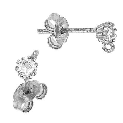3mm With Ring Rhodium Plated Cubic Zirconia Stud Earring With Ring