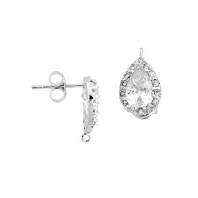 Rhodium Sterling Silver 12X9mm With Ring Rhodium Plated Cubic Zirconia Stud Pear Earring With Ring