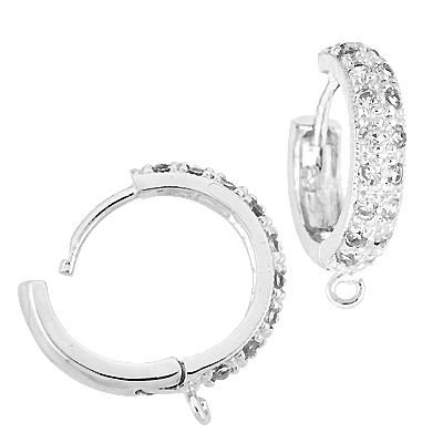 Rhodium Sterling Silver 14mm With Ring Rhodium Plated Cubic Zirconia Pave Hoop Earring With Ring
