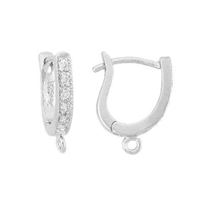 Rhodium Sterling Silver 9mm With Ring Rhodium Plated Cubic Zirconia Pave U-Leverback Earring With Ring